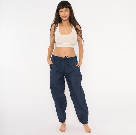 Navy Reebok Windbreaker Pants 2000s Nylon Track Joggers Elastic Cuff Athletic Sportswear Vintage Tracksuit Bottoms Dark Blue Medium M