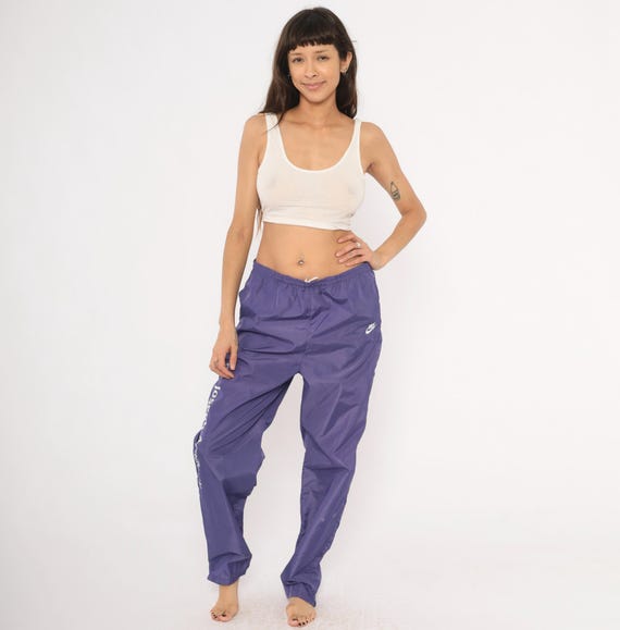 Purple Nike Windbreaker Pants 90s Nylon Track Joggers Drawstring Elastic Waist Violet Athletic Straight Leg Grape Sportswear Vintage Large L