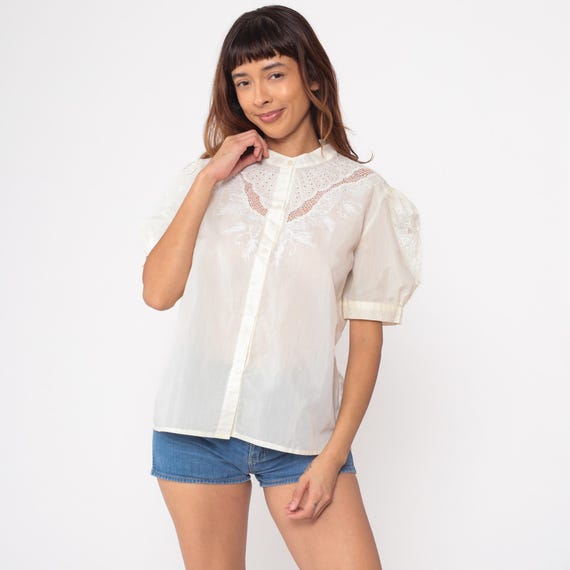 Floral Cutout Blouse 80s Embroidered Top Cream Cutwork Shirt Cut Out Top Short Puff Sleeve Hippie Bohemian Button Up Vintage 1980s Medium M