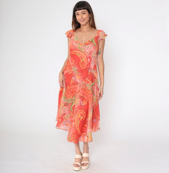 Vintage Y2K Paisley Dress Coral and Pink Flutter Sleeve Midi Dress Basque Waist Cowl Neck 2000s  Summer Bohemian Hippie Vintage 00s Large 14