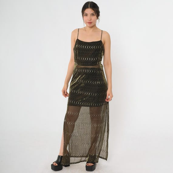 90s Metallic Mesh Dress Black Gold Maxi Party Sheer Iridescent Vintage 1990s Beaded Formal Evening Gown Sleeveless Spaghetti Strap Large L
