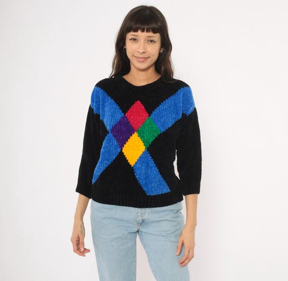 80s Argyle Sweater Black Blue Diamond Geometric Knit Pullover Colorful Multicolor Jewel Tone Cropped Three Quarter Sleeve Vintage Small S