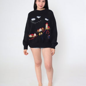 80s Lilly of California Sweater Vintage Country Village Novelty Print Black Knit House Cloud Pullover Jumper Kawaii 1980s Sweater Medium image 3