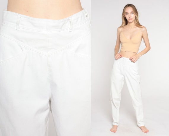 White Pants 90s Tapered Trousers High Waisted Rise Retro Boho Summer Slacks Hipster Hippie Simple Basic Plain Vintage 1990s Extra Small xs