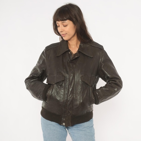 Dark Brown Bomber Leather Aviator Jacket Zip Front Snap Collar Flight Coat Flap Pocket 80s Chocolate Vintage Cropped Women Small S