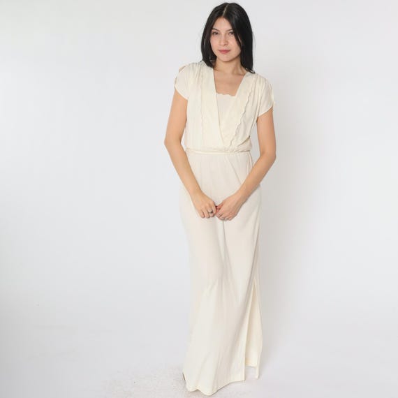 Vintage 70s Cream Maxi Dress Split Sleeve Embroidered Floral Gown Slit Skirt Faux Wrap Flutter Sleeve Boho Chic 1970s Formal Retro Small