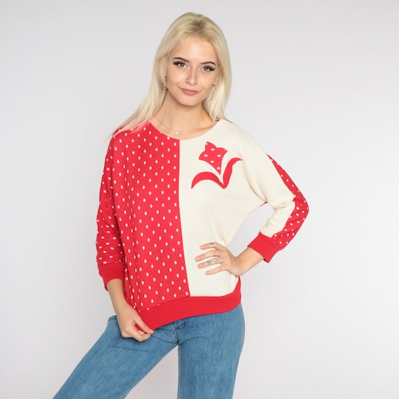 Flower Sweatshirt 80s Red Polka Dot Sweater Cream Floral Shirt Retro Flower Print Long Sleeve Pullover Color Block Vintage 1980s Small S
