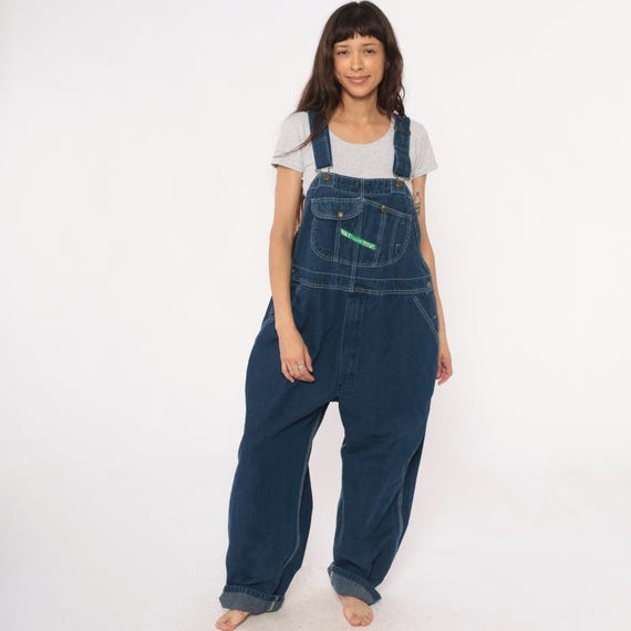 Key Imperial Overalls 90s Denim Workwear Navy Blue Cargo Pockets Baggy Loose Grunge Normcore Cotton Dungarees Utility Style Extra Large XL