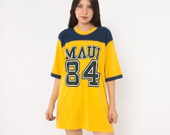 80s Maui Graphic Tee Crazy Shirts Yellow Navy Color Block Jersey T Shirt Hawaii Souvenir Varsity Number 84 Boxy Top Vintage Extra Large XL