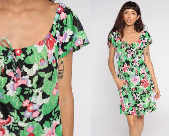 70s Floral Mini Dress 70s Tent Dress Hippie Boho Peasant Dress Bohemian Vintage Summer Dress Retro Medium Large