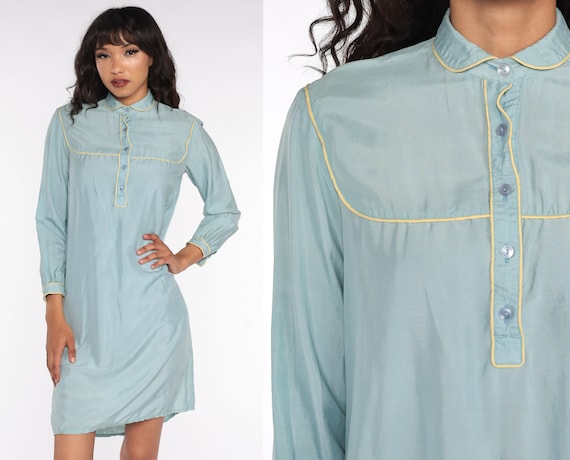 70s Silk Dress Blue Mini Dress Shift Peter Pan Collar Long Sleeve Minidress Hippie Boho Vintage 1970s Button Up Small S