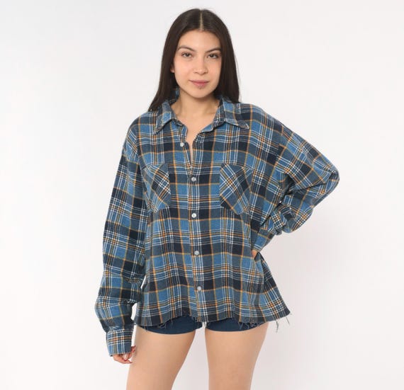 90s Grunge Flannel Shirt Distressed Frayed Blue Plaid Cotton Navy Orange Check Montgomery Ward Long Sleeve Collared Top Vintage Large L