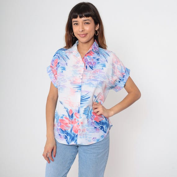 Watercolor Floral Blouse 90s Button Up Shirt Retro Short Sleeve Collared Top Flower Print Boho Hippie Summer 1990s Vintage Medium M