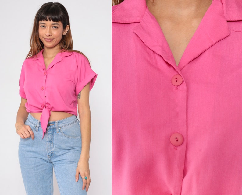 Bright Pink Crop Top 90s Tie Waist Cropped Blouse Plain Short Cuffed Sleeve Shirt Collared Button Up Shirt Normcore Vintage Medium image 1