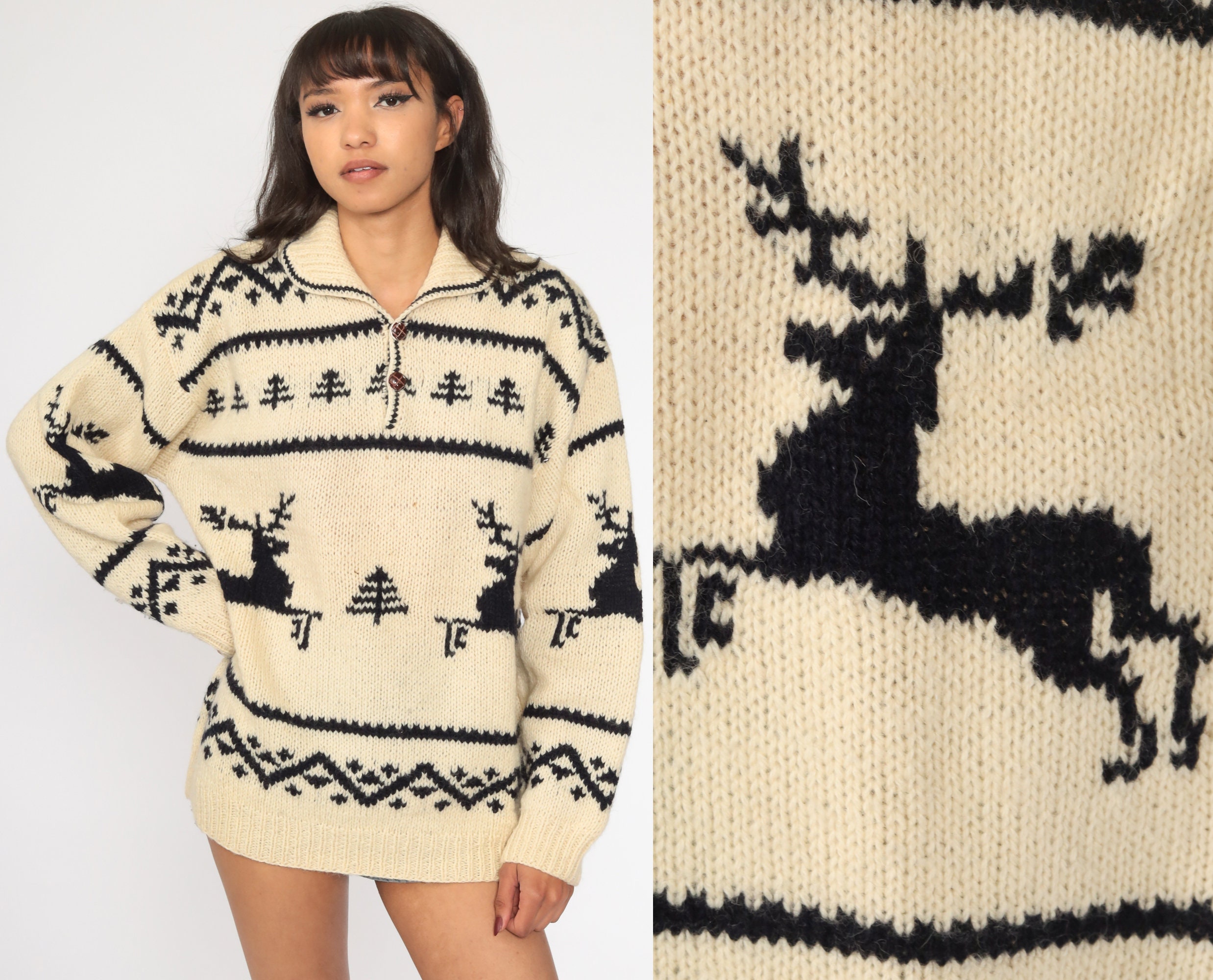 Reindeer Patterned Jumper Vintage Reindeer Sweater Green Patterned Knit Jumper Reindeer Patterned Sweater Christmas Jumper Vintage Sweater M