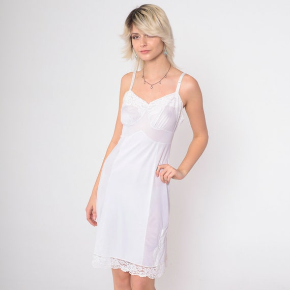 White Slip Dress 34 -- 70s Lace Lingerie Nightgown Nylon Mini Boho Sweetheart Neck Vintage Empire Waist Spaghetti Strap Bohemian Small S