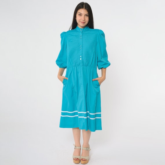 Turquoise Dress 80s Puff Sleeve Button Front Pintuck Bodice White Ribbon Trim Midi Vintage Prairie Folk Peasant Teal Blue Cotton Medium M 12