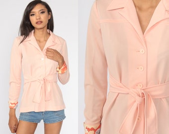 70s Peach Shirt Belted Pink Blouse Bohemian Top Notched Collar Button Up Shirt Long Sleeve Top Boho Shirt 1970s Plain Small S