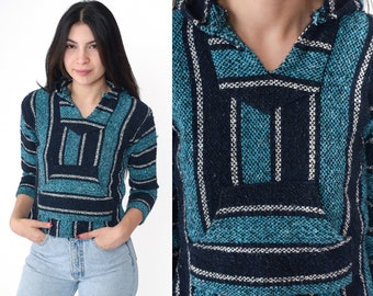 90s Blue Baja Hoodie 2xs Mexican Striped Drug Rug Sweatshirt Cropped Hippie Boho Hooded Blanket Bohemian Kangaroo Pocket 1990s xxs