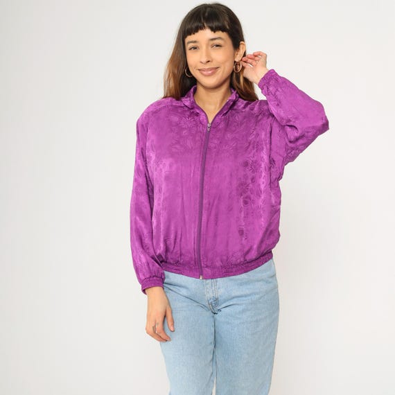 90s Silk Floral Windbreaker Purple Jacquard Jacket Zip Up Floral Leaf Boho Vintage 1990s Raglan Sleeve Youth Large Women's xs