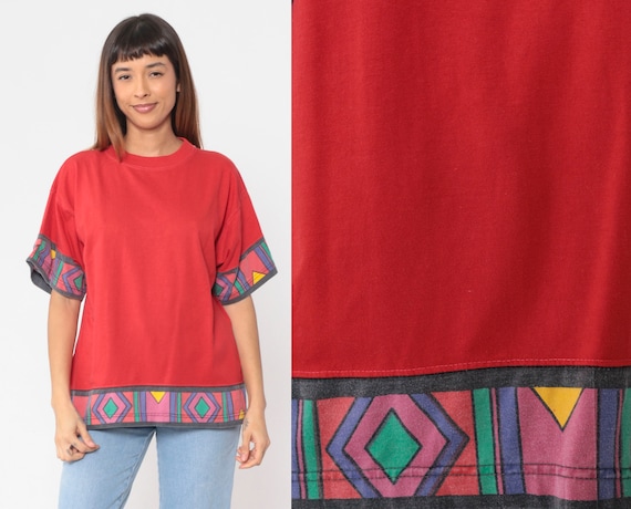 Southwestern Shirt 90s Red T-Shirt Striped Geometric Tapestry Southwest Print Graphic Tee Retro TShirt Streetwear Cotton Vintage 1990s Large