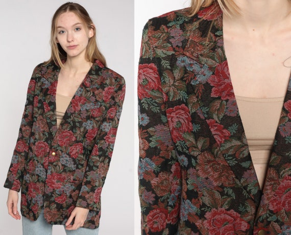 Floral TAPESTRY Blazer Jacket 90s Liz Claiborne Jacket Button Up Blazer Bohemian Vintage 1990s Women Boho Woven Jacket Red Charcoal Medium 8