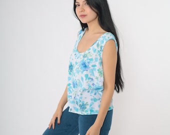 Canotta floreale anni '90, blu, astratta, acquerello, senza maniche, camicia pastello, pullover retrò boho, scollo a barchetta, vintage anni '90, extra large xl