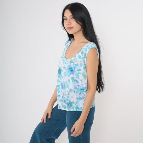 90s Floral Tank Top Blue Abstract Watercolor Sleeveless Blouse Pastel Shirt Bohemian Retro Pullover Scoop Neck Vintage 1990s Extra Large xl