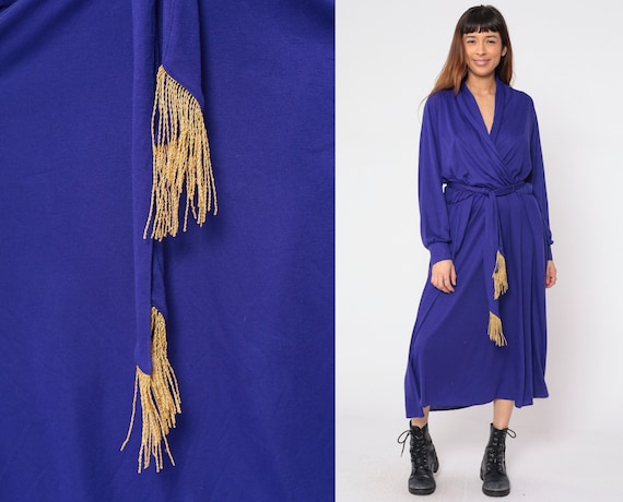 Purple Wrap Dress Y2K Ankle Length Maxi Dress Grecian Draped Gold Tassel Fringe Belted Party Long Sleeve Cocktail Formal Vintage 00s Large L