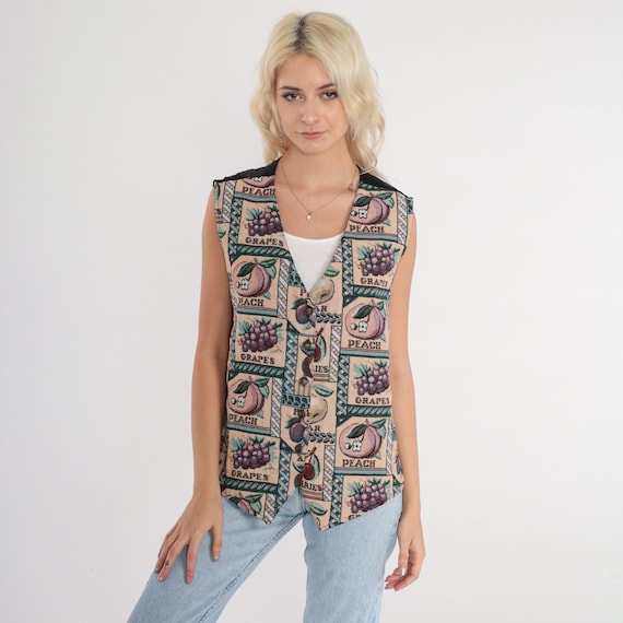 Fruit Print Vest 90s Tapestry Vest Shabby Chic Peaches Grapes Woven Button up Novelty Sleeveless Jacket Retro Kitsch Vintage 1990s Large L
