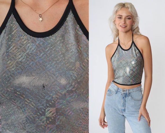 Holographic Crop Top 90s Sparkly Halter Tank Top Silver Shiny Glitter Open Back Party Rave Sexy Going Out Backless Blouse Vintage 00s Medium