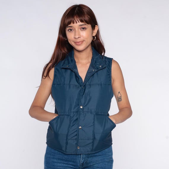 70s Ski Vest Quilted Navy Blue  Sleeveless Collar Pockets Padded Outdoor Utility Gorpcore Hiking Camping Athletic Work Wear Vintage Medium M