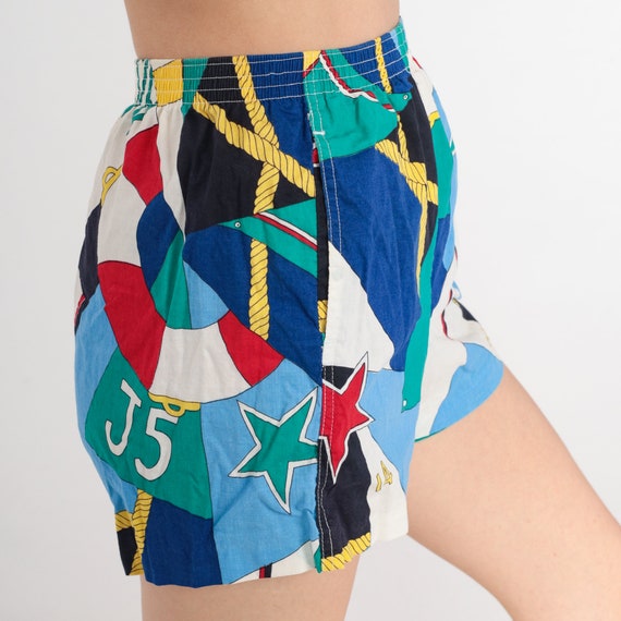 Nautical Shorts 80s Beach Shorts Retro Abstract Rope Star Print Shorts Summer Surf Vacation Bottoms Cotton Blue Green White Vintage 1980s XS