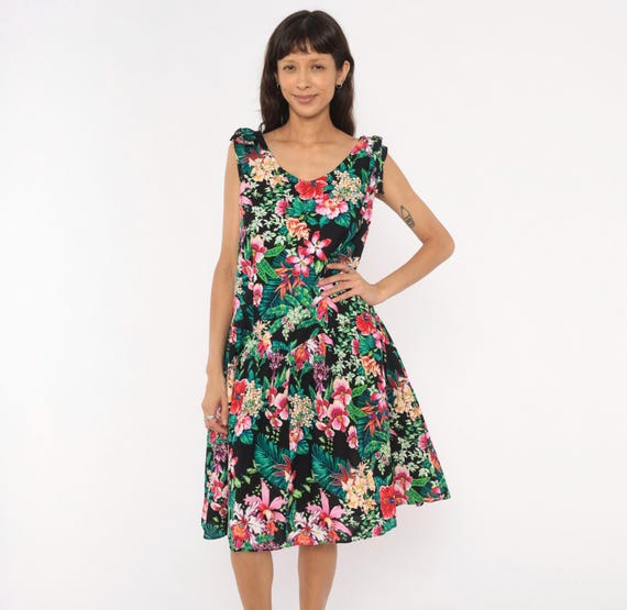 Tropical Floral Sundress 90s Black Pink Cotton Sleeveless V Neck  Tie Drop Waist Hawaiian Summer Vacation Spring Garden Dress Plus Size 1X