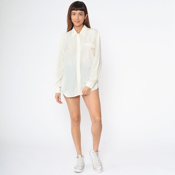 Cream Blouse 90s Button Up Top Long Sleeve Collared Shirt Retro Basic Semi-Sheer Preppy Plain Minimalist Collar Simple Vintage 1990s Medium