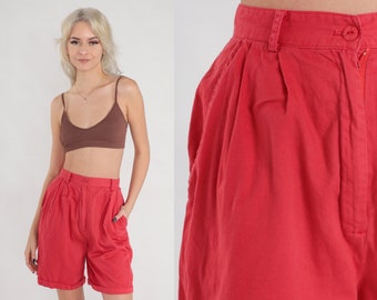 Red Pleated Shorts 80s High Waisted Mom Shorts Pleated Cotton Mid Length Shorts Retro Basic Cuffed Summer Plain Vintage 1980s Extra Small xs