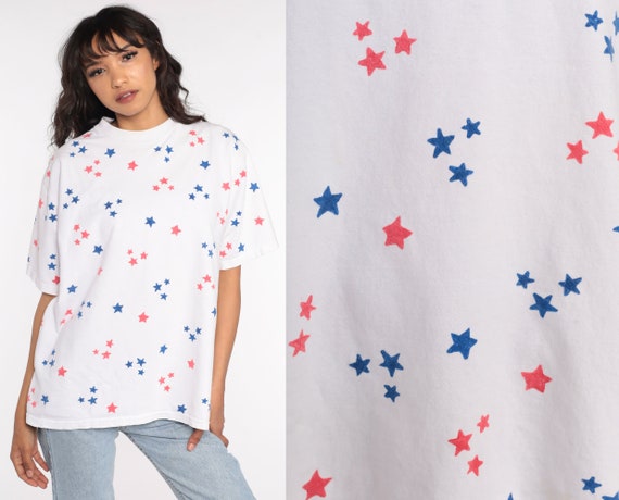 Star T Shirt 80s TShirt Retro Graphic Tee Geometric Tshirt All Over Print Shirt Red White Blue Vintage 90s Large xl l