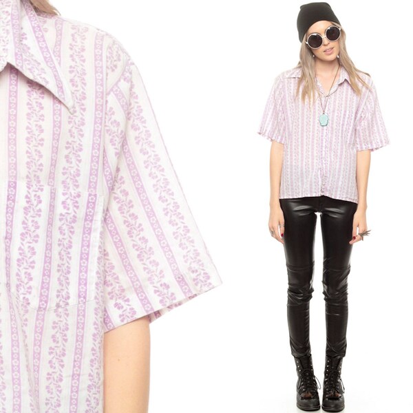 SALE Lavender Blouse Purple Floral Button Up Shirt 70s Collar Cotton Vintage 80s Short Sleeve Collared Feminine Delicate White Medium Large