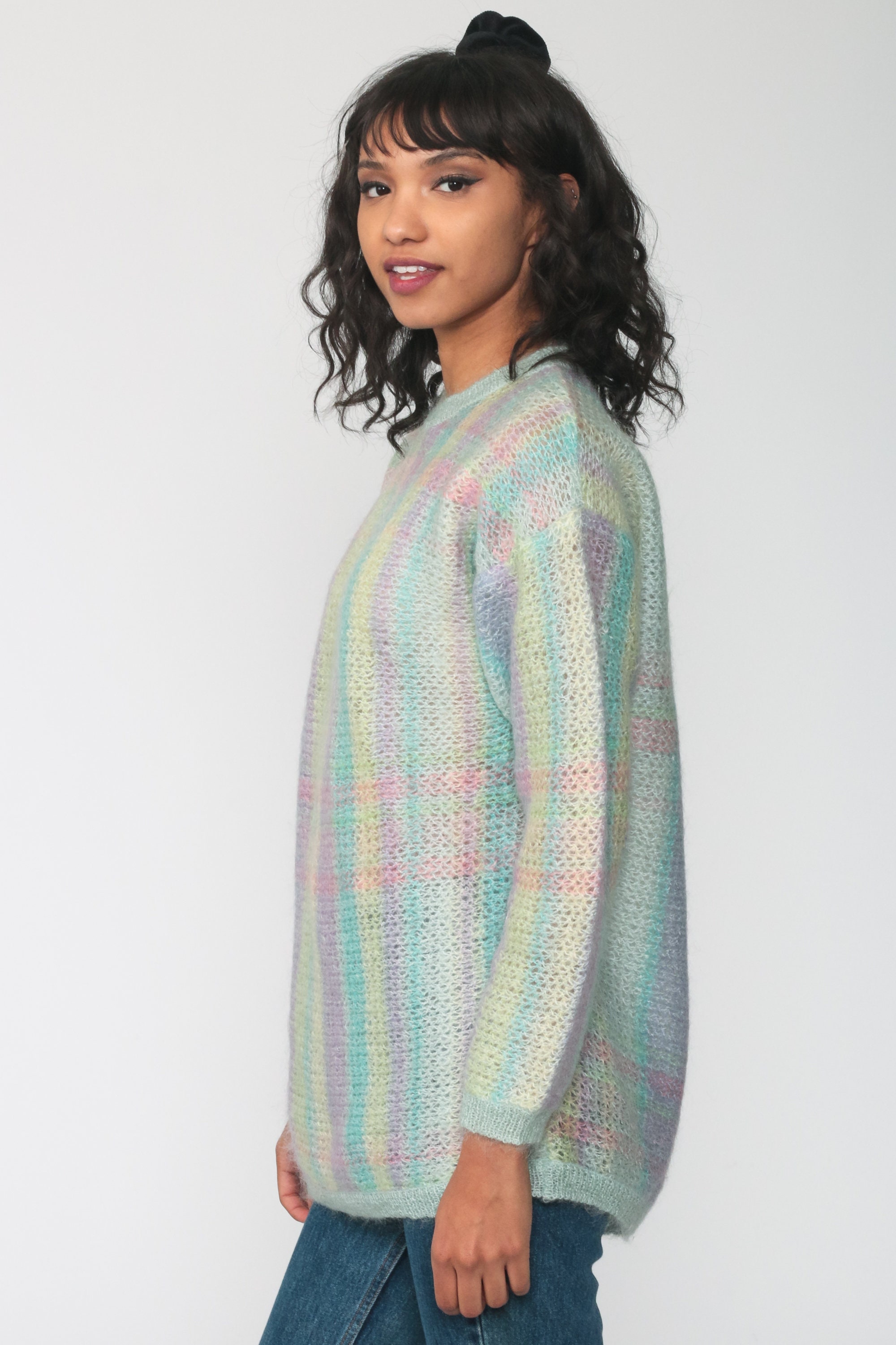 Pastel Mohair Sweater Sheer Slouchy 80s Striped Sweater Turquoise Purple Open Weave Boho 