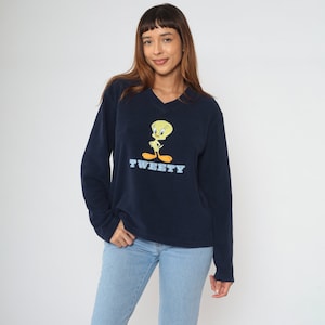 Camiseta polar de Tweety Bird, camiseta de los Looney Tunes de los años 90, sudadera azul marino con cuello en V, camiseta gráfica de manga larga de Warner Bros con dibujos animados, camiseta vintage de los años 90, talla grande