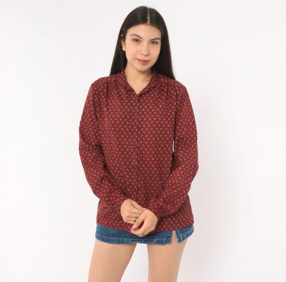 80s Chain Link Print Blouse Burgundy Button Front Shirt Wine Collared Long Sleeve Top Koret Grey Pattern Relaxed Fit Vintage Office Medium M