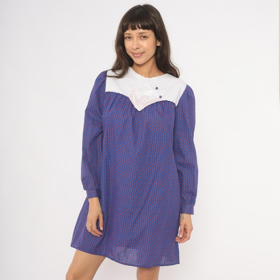 80s Maternity Calico Bib Collar Dress Blue Red Floral Print Puff Sleeve Shift Cotton  Scalloped White Yoke Leaf Mini Vintage Medium M