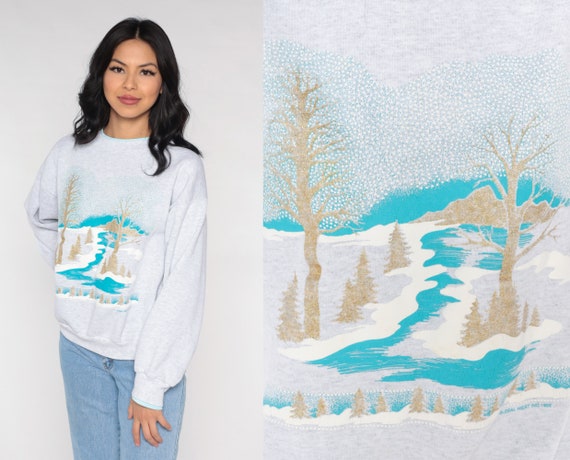 Winter Sweatshirt 90s Metallic Gold Sweater Glitter Tree Snow River Slouchy Graphic 1990s Retro Heather Grey Vintage Medium