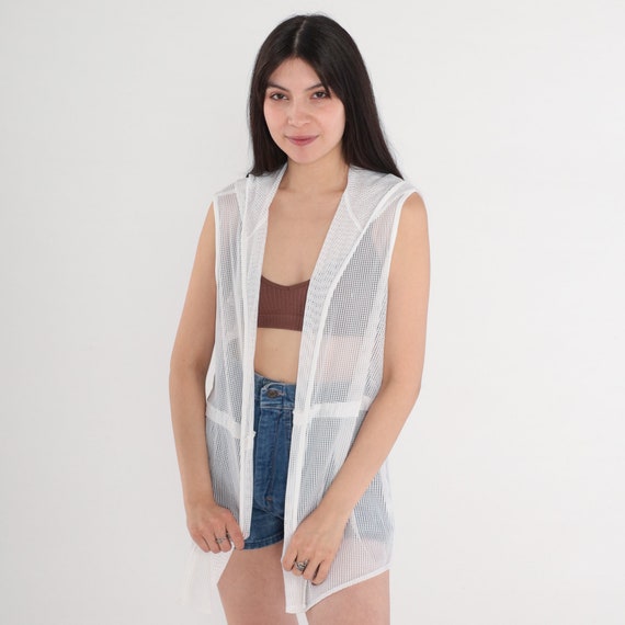 White Mesh Vest 90s Sheer Hooded Vest Open Front … - image 2