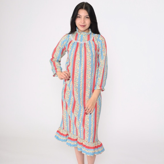 Vintage Floral Nightgown 70s Calico Striped Pajama Dress Red Blue Eyelet Lace Bib Long Sleeve Nightie Midi Hippie Boho 1970s Extra Small xs