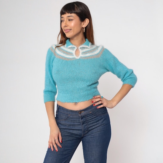 80s Blue Cropped Knit Sweater Vintage Fuzzy Cutout Sweater Angora Blend Keyhole Pullover 1980s Retro Girly 3/4 Sleeve Extra Small xs