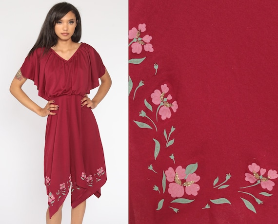 Grecian Party Dress 70s Midi Burgundy Floral High… - image 1
