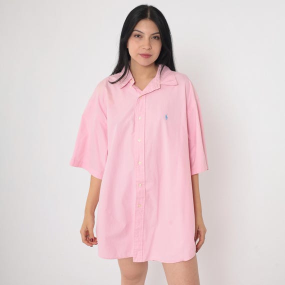 90s Ralph Lauren Shirt Baby Pink Button Up Shirt Blake Polo Cotton Oxford 1990s Short Sleeve Vintage Extra Large xl