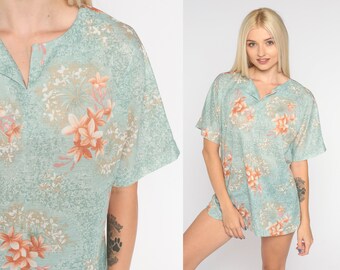 Blue Hawaiian Blouse 70s Tropical Floral Shirt Retro Boho Flower Print Top Short Sleeve V Neck Summer Hippie Top Vintage 1970s Medium Large