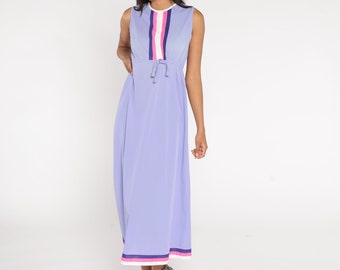 70s Nightgown Lingerie Lavender Purple Slip Dress Mod Maxi Boho Striped Sleeveless Lounge Wear Nightgown Nylon Vintage Medium